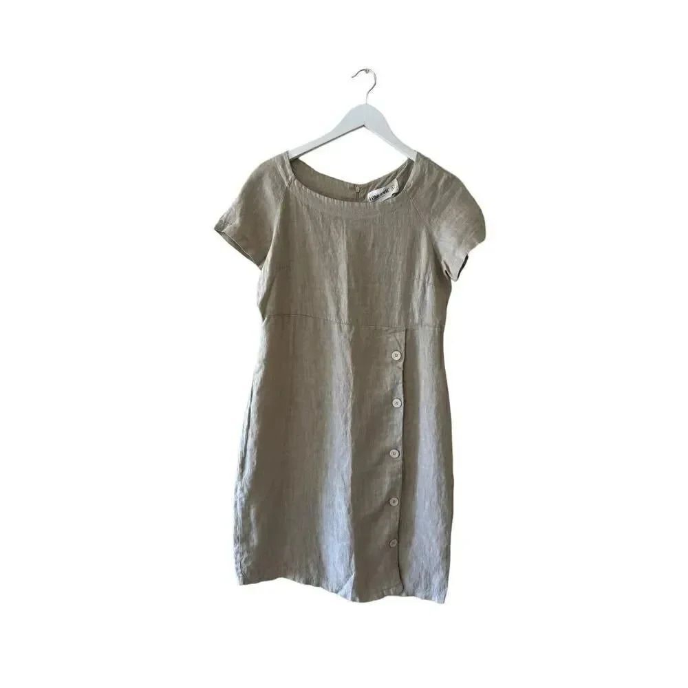 Lavinia Al Temple Linen Beige crew neck Short Sleeves Faux Side Buttons L # 1914